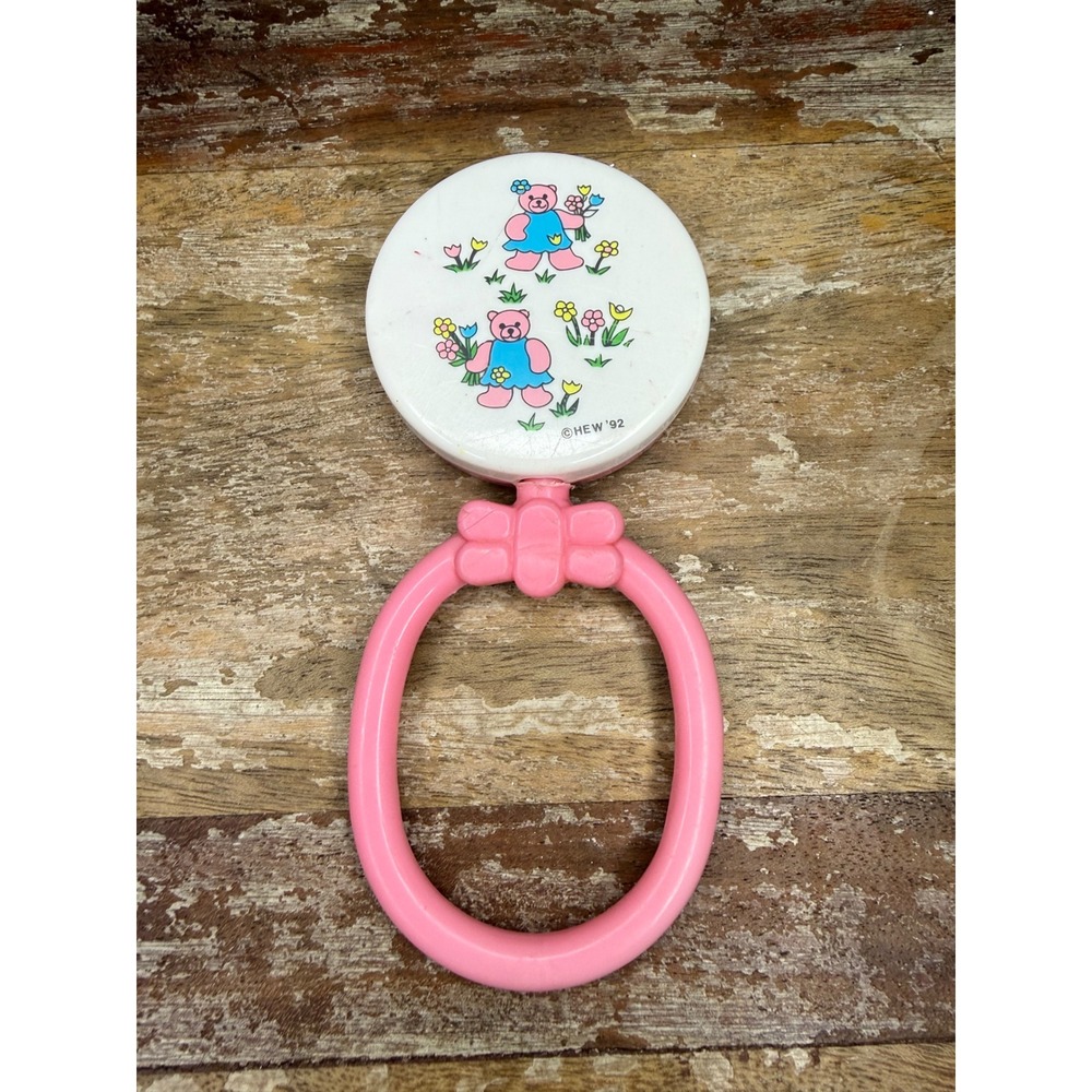 Vintage 1992 HEW Baby Rattle Toy Teddy Bear Pink White